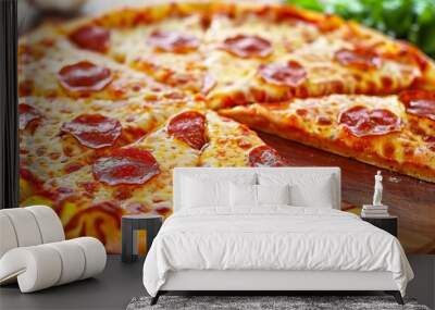 Delicious Homemade Pepperoni Pizza with Melted Cheese and Crispy Crust on Wooden Board Wall mural