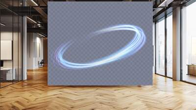 Dynamic blue lines with glow effect. Rotating shiny half rings. Abstract sparkling swirl, wave. Wall mural