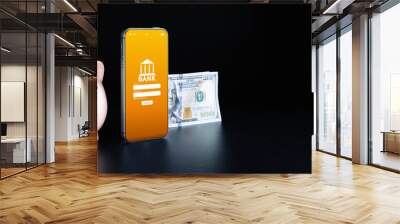 E banking concept. Mobile phone with internet online bank app. Hundred dollar bill on black background. Online wallet save money. Wall mural