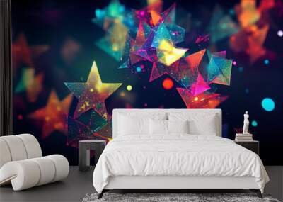 Falling multi-colored stars and shiny particles on a black background, neon light. Background image.
 Wall mural