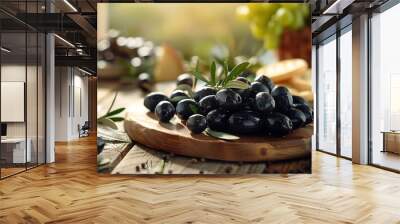 Fresh black olives on olive tree branches displayed on a wooden table in natural light Wall mural