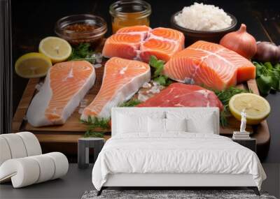 Fresh salmon fillets and raw beef arranged on a wooden board with garnishes and condiments Wall mural