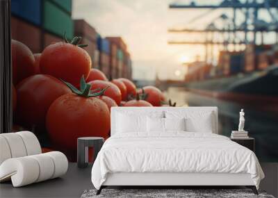 Fresh tomatoes lying beside a cargo ship, ready for global transport, symbolizing the worldwide agricultural supply chain. Wall mural