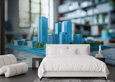 Futuristic blue 3D city house models on a table in a real estate agency office, highlighting modern architecture and residential property design, apartment housing concept Wall mural