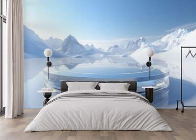 Futuristic glass platform on a snowy mountain landscape during a clear winter day Wall mural