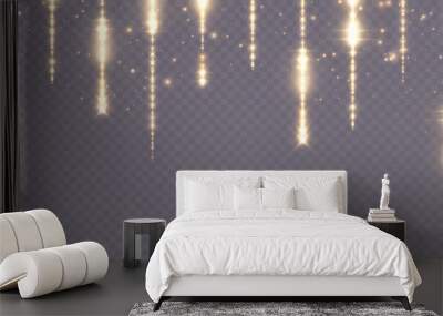 Golden glitter lights garland hanging vertical lines Vector holiday background. Confetti dots rain, vip gold glitter garlands with light effect for web design and illustrations.png Wall mural