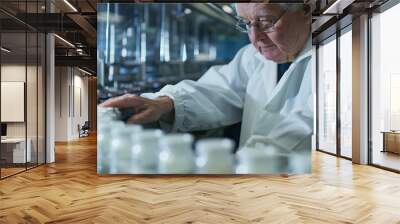 In the dynamic landscape of pharmaceutical manufacturing, a close-up shot focuses on a man's role at the assembly line, where he plays a pivotal role in the production of medical d Wall mural