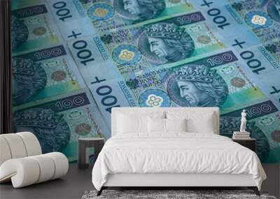 Polish currency background. One hundred zloty banknotes. Macro photoshot Wall mural