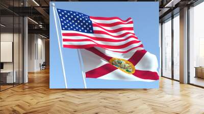 The flags of United States and Florida state on the blue sky. For news, reportage, business. 3d illustration Wall mural