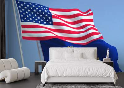 The flags of United States and New Hampshire state on the blue sky. For news, reportage, business. 3d illustration Wall mural