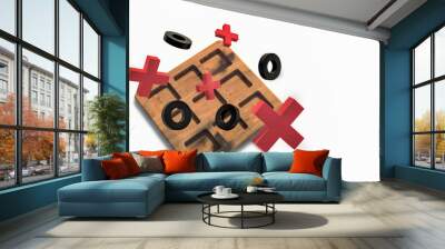 Wooden tic tac toe game on white background. Red crosses and black noughts Wall mural