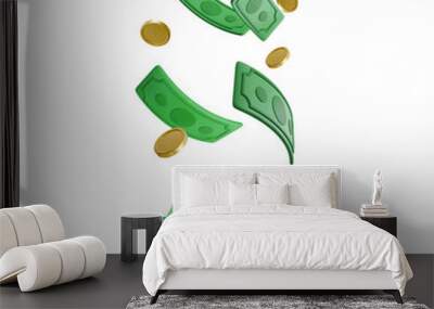 Green currency stack and falling gold coins in cartoon style. 3d realistic money object for poster or banner. Vector illustration Wall mural