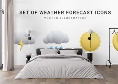 Set of 3d realistic forecast weather icons isolated on white background. Sun, moon, star, lightning, cloud, rain drops in cartoon style. Vector illustration Wall mural