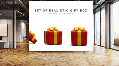 Set of 3d realistic red gift boxes with gold ribbon isolated on white background. Surprise boxes. Vector illustration Wall mural