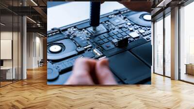 Maintenance pc. Maintenance repair engineer support. Computer technician service with laptop on hardware background. Electronic technology development concept. Wall mural