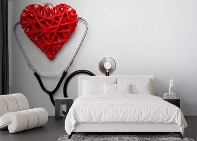 Medicine. Pressure sensor, heart shape, stethoscope and dollars on a wooden background, copyspace Wall mural