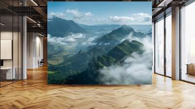 Misty mountains at sunrise in Vietnam. Aerial view of Ha Giang province, Meo Vac district. Wall mural