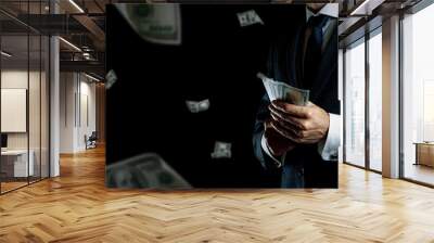 Money stack. Business man hand holding American money. Washington cash, usd falling banner. Wall mural