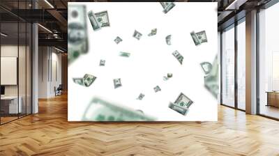 Money stack. Hundred dollars of America. Falling money isolated, us bill background. Wall mural