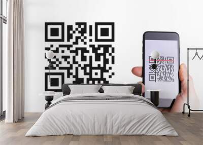 Pay qr code. Hand holding mobile smartphone screen for payment, online pay, scan barcode with qr code scanner on digital smart phone. Business and technology concept. Wall mural