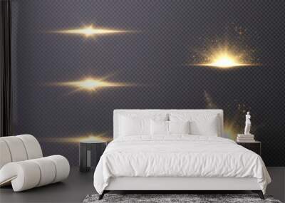 Set of light effects golden glowing light isolated on transparent background. Solar flare with rays and glare. Glow effect. Starburst with shimmering sparkles. Wall mural