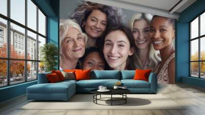 Skincare for All Ages: A diverse group of women of different ages and backgrounds engaging in their skincare routines, emphasizing the universal importance of skincare for healthy Wall mural