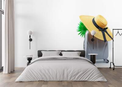 Summer holiday poster. Womens accessories traveler: suitcase, straw hat, sunglasses isolated on white background with empty space for text. Summer vacation and product advertisement concept. Wall mural