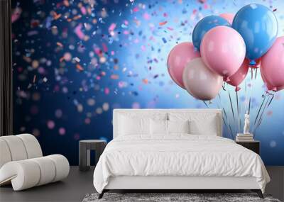 The background features an explosion of pink and blue balloons against a bright backdrop, surrounded by swirling confetti, setting a celebratory tone for any special occasion. Wall mural