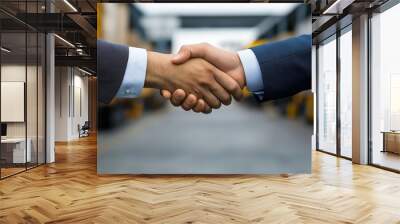 The focus is on the handshake of two business professionals, with trucks and a warehouse in the background, marking the completion of a critical logistics agreement. Wall mural