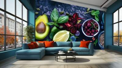 Top view of fresh organic ingredients for healthy eating on dark background Wall mural