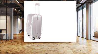 Trip isolated. Silver travel plastic suitcase or vacation baggage bag on white background. Design of summer vacation holiday concept. Wall mural