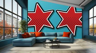 Two red star-shaped graphics with dotted patterns against a light blue background Wall mural