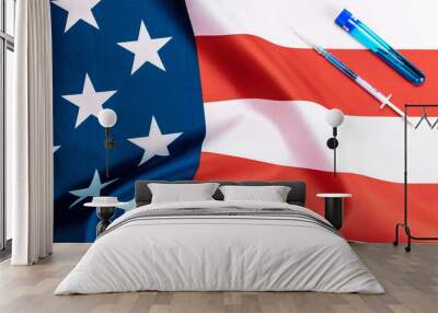 Vaccine vial. Medical syringe with needle for protection flu virus and coronavirus. Covid inoculation usa flag of america. Close up vaccine vial dose flu shot drug needle syringe. Wall mural