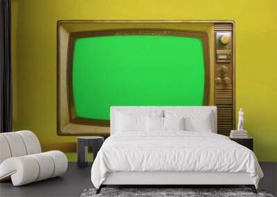 Vintage crt tv with glowing green screen, nostalgic retro set on plain background Wall mural