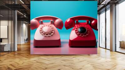 Vintage-style red and pink rotary telephones against a vibrant turquoise background Wall mural