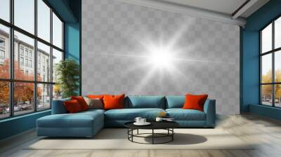 White beautiful light explodes with a transparent explosion. Vector, bright illustration for perfect effect with sparkles. Bright Star. Transparent shine of the gloss gradient, bright flash. Wall mural