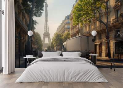 With the iconic Eiffel Tower in the background, the European truck navigates the bustling streets of Paris, a symbol of commerce and connectivity in the heart of the city. Wall mural