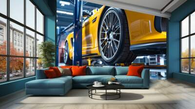 Yellow car on lift in garage with tire, wheel, hood, and automotive lighting Wall mural