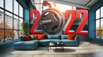 2022 Happy New Year  in fitness bodybuilding workout gym. Number 2022 with barbell and oter spoirt equipment. Wall mural