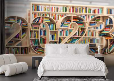 2023 new year education concept. Bookshelves with books in the form of text 2023 in library. Wall mural