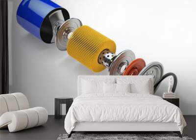 Car oil filter isolated on white. Exploded view. Wall mural