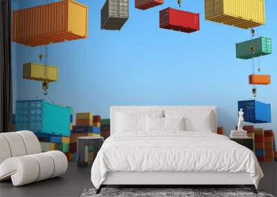 Cargo containers in storage area with forklifts. Delivery  or sh Wall mural