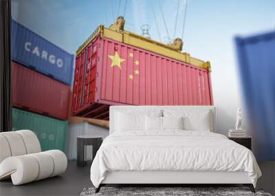 Cargo shipping container with China flag in a port harbor. Production, delivery, shipping and freight transportation of chinese products concept. Wall mural