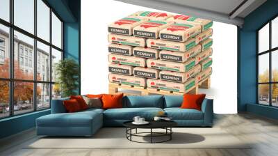 Cement bags stack on pallet isolated on white. Wall mural