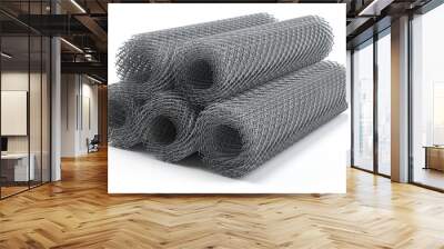 Coils of steel wire. Rabitz mesh netting rolls isolated on white. Wall mural