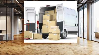 Delivery van with open doors and hand truck with cardboard boxes isolated on white background. Delivery and shipping concept. Wall mural