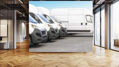 Delivery vans in a row with space for logo or text. Express delivery and shipment service concept. Wall mural