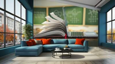 E-learning online education or internet  encyclopedia concept. Open laptop and book compilation in a classroom. Wall mural