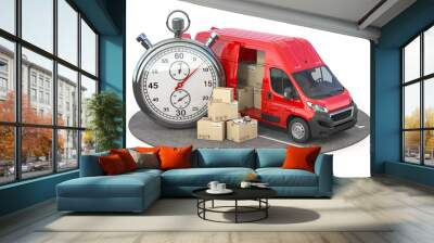 Fast express delivery and logistic concept. Van with cardboard boxes and stopwatch. Wall mural