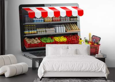 Grocery food buying online and delivery app concept. Food market in laptop. Computer as grocery shop with shopping basket full of food. Wall mural